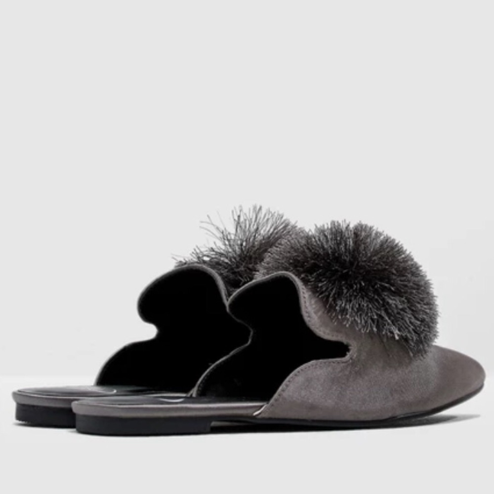 Pom Pom Gray Satin Slip On Mules